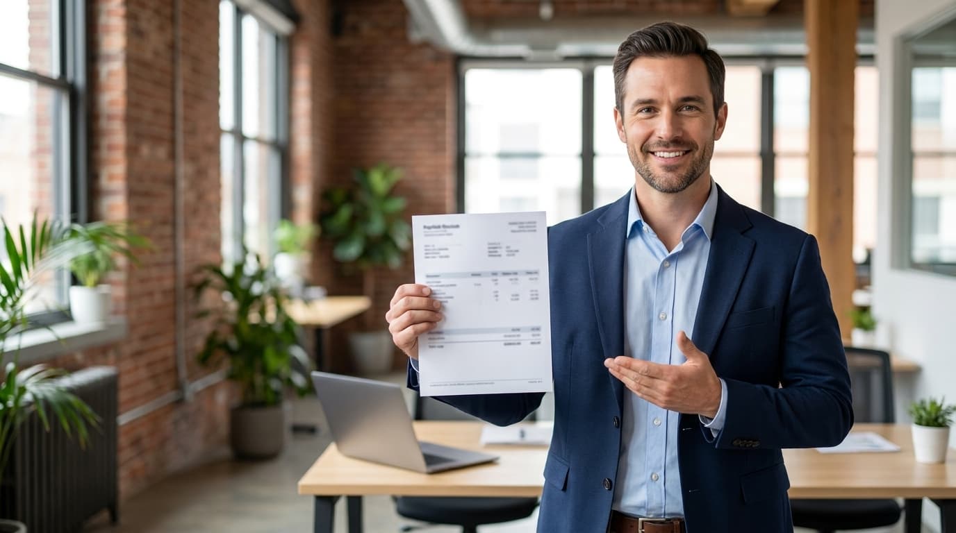 Small business owner with professional paystub